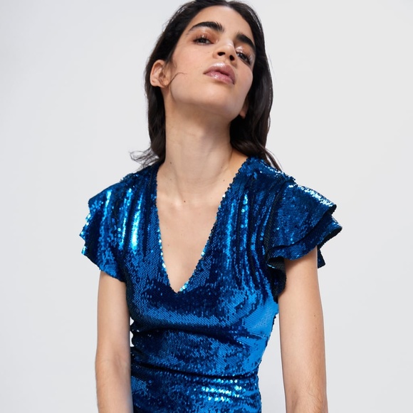 ZARA SEQUIN MINI DRESS Blue Small - Picture 5 of 6